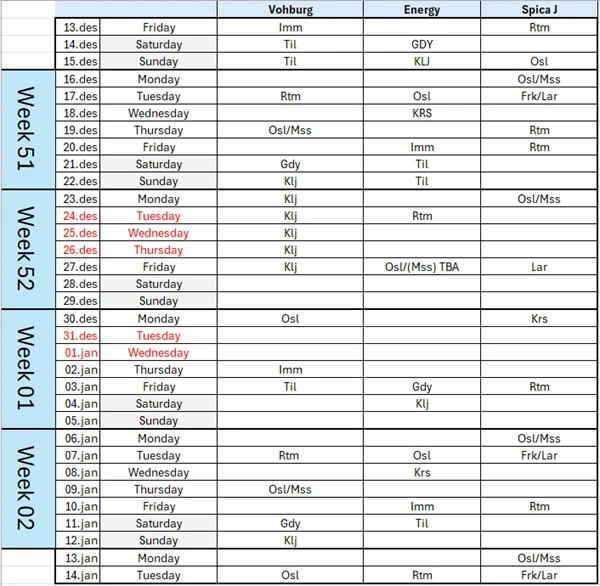 viasea christmas schedule 2024